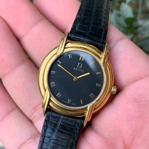 Orologio Vintage Fendi Placcato Oro 18K 10 Micron 300G Quadrante Smalto Nero Oro