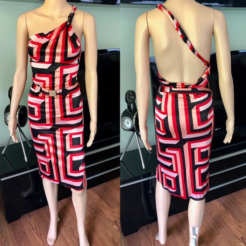 Abito Gianni Versace S S 2001 Vintage Stampa Geometrica Cintura Schiena Aperta