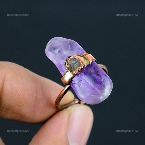 Copper Natural Star Amethyst Green Tourmaline Rough Solitaire Electroformed Ring