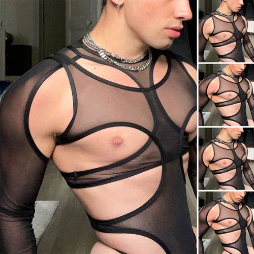 ESSENTIALS INCERUN Mens Sexy See Through Mesh Vest Bodysuits Leotards Jumpsuits Underwear