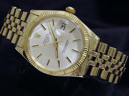 Rolex Date 1503 Men 14K Yellow G Watch Silver Dial USA Oval Link Jubilee Band