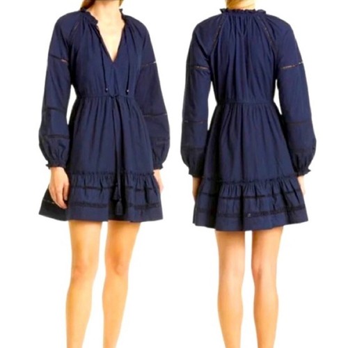 ESSENTIALS Veronica Beard Danica Navy Blue Long Sleeve V Neckline Tassel Mini Dress Sz M
