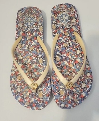 Tory Burch Festival Linosa logo perizoma sandali tomaia in pelle scarpe blu   7 5 8