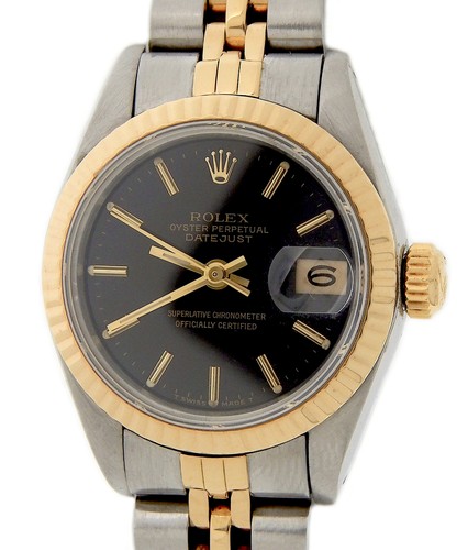 Rolex Datejust Ladies Two Tone 18K G & Steel Watch Black Dial 69173