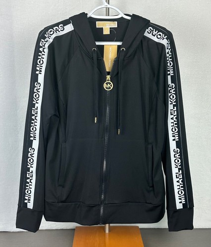 Michael Kors Women's Logo Tape Zip Up Hoodie Jacket Black XL New With Tag $195