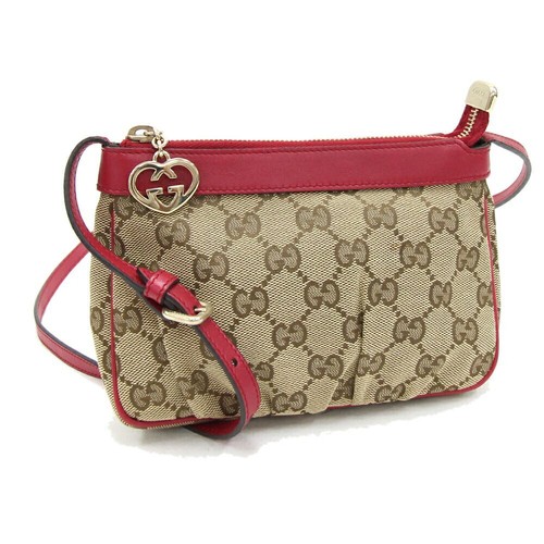 Gucci Shoulder Bag GG 256899 Beige Red Canvas Leather U Crossbody Pouch Mini