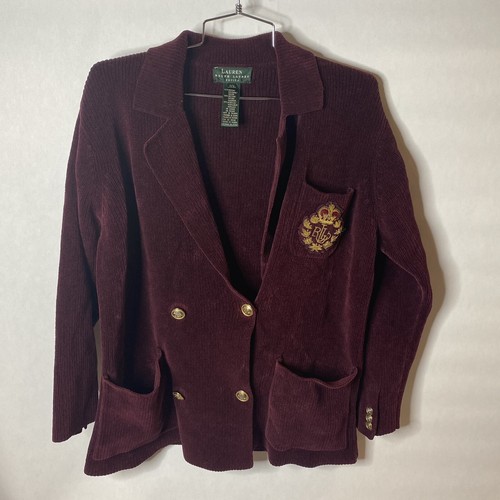 Blazer vintage Lauren Ralph Lauren Petite taglia P S stemma ricamato rosso marrone