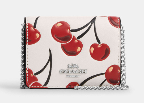 Coach Mini portafoglio su catena con tracolla in pelle stampa ciliegia ~nuovo con etichette~ CZ759
