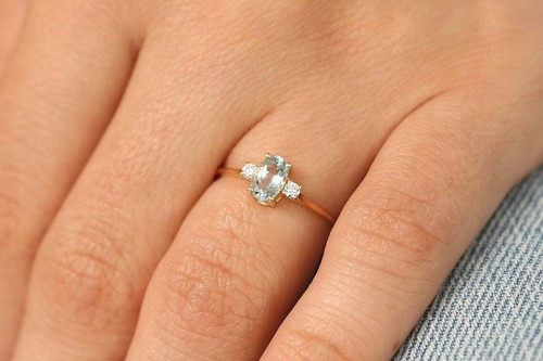 CARTIER 14K 585 G Ring 2 Diamonds 0.07ct Brilliant VS G H & Aquamarine 0.50ct Noble