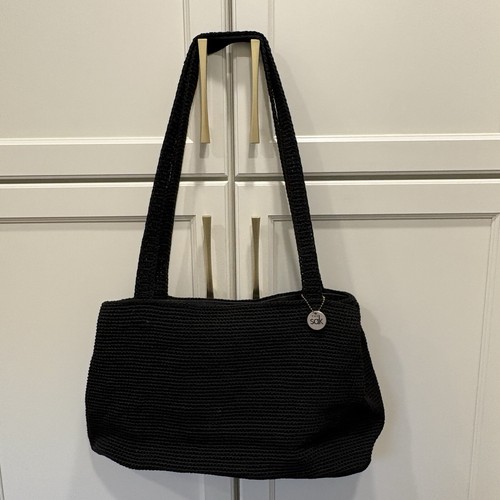 THE SAK Large Black Crochet Knit Purse Shoulder Bag Boho Chic Double Handles Zip