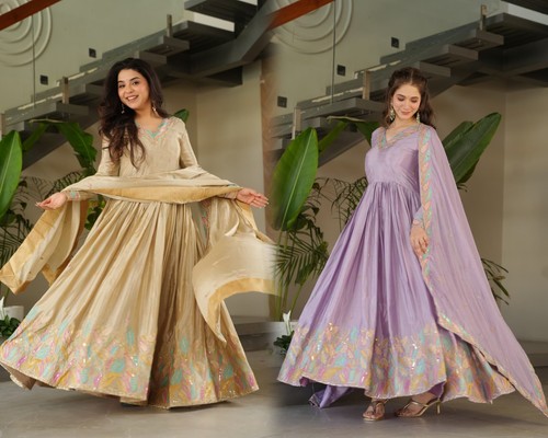 OFF WHITE Abito indiano designer Anarkali ricamo chinnon abito festa matrimonio e dupatta