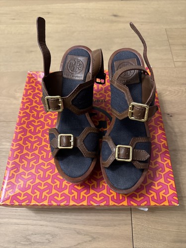 Tory Burch Almond Tory Navy Florian High Wedge sandal