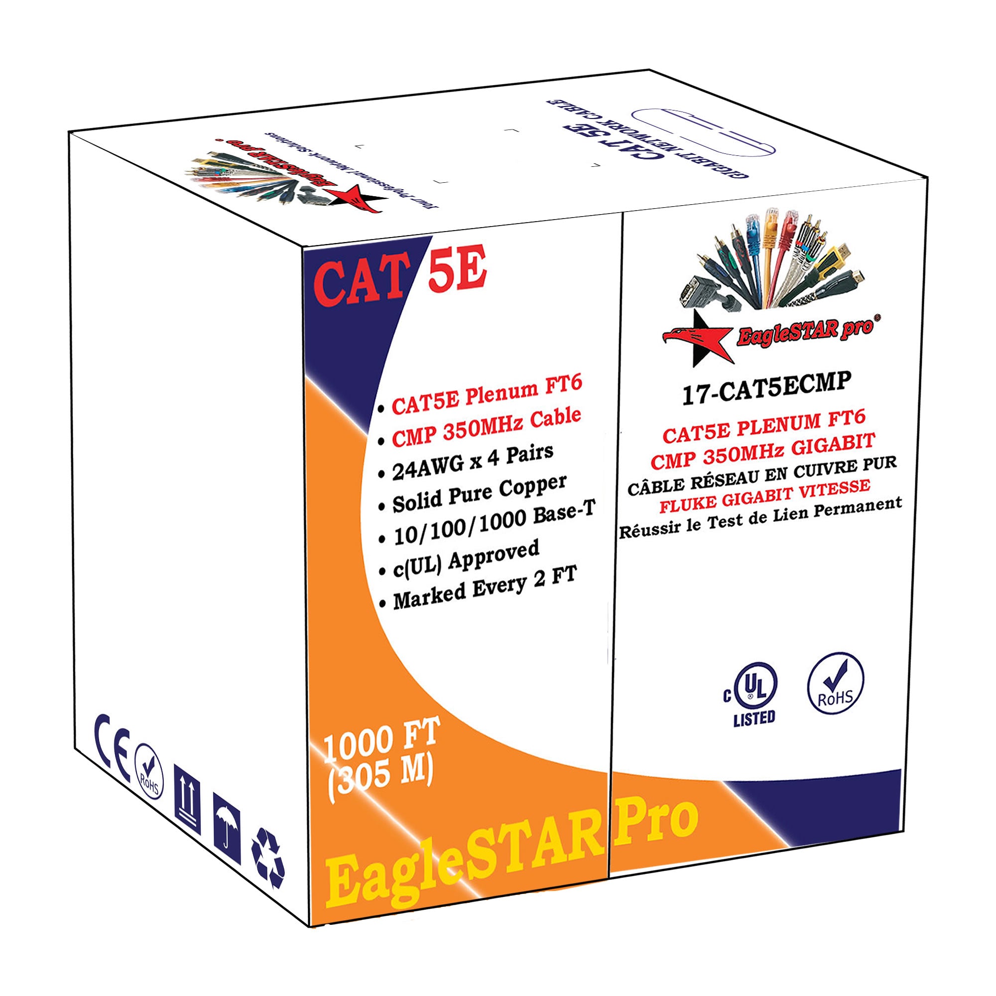 EAGLESTAR PRO 17 CAT5ECMP CAT5E Bulk Cable FT6 cUL Certified Plenum CMP Fire Rated 24AWG x 4 Pairs Solid Pure Copper 1000FT Marked Every 2FT