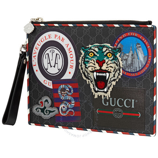 Gucci Night Courrier Large Wrist Pouch GG Supreme Canvas Clutch  Black Grey