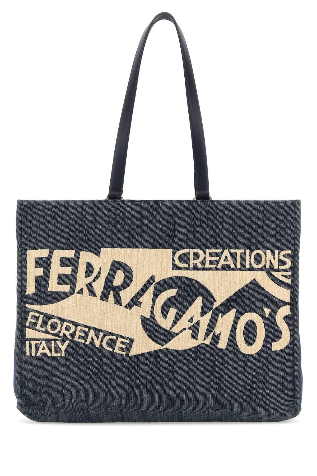 Salvatore Ferragamo Blue Denim grande TT Sign Shopping Shoping Bag