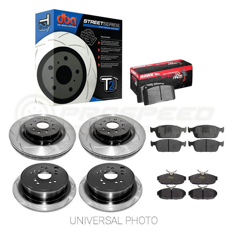 DISC BRAKES AUSTRALIA DBA T2 Slotted Front/Rear Rotors w/Hawk Performance HPS 5.0 Pads