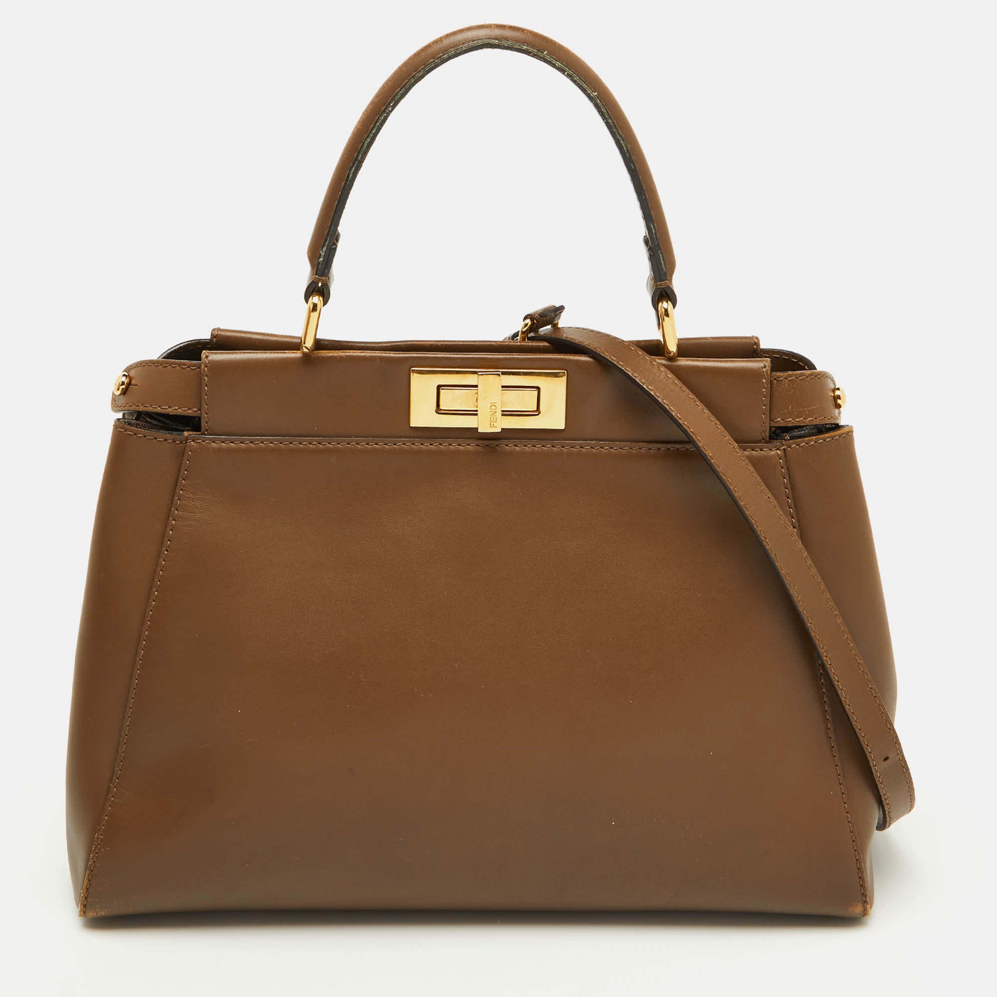 2613 Fendi Brown Leather Medium Peekaboo Top Handle Bag