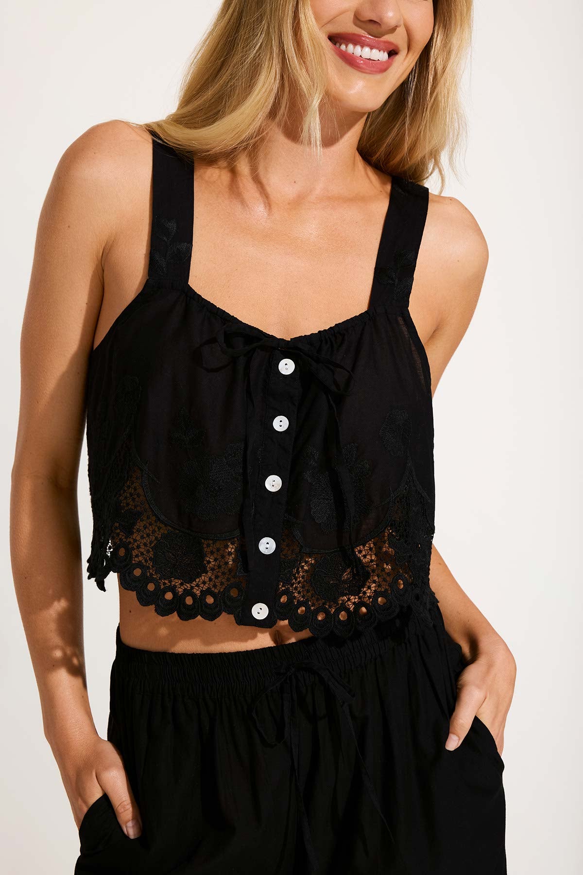 VITAMIN A Flora Tank   Black Beachside Broderie
