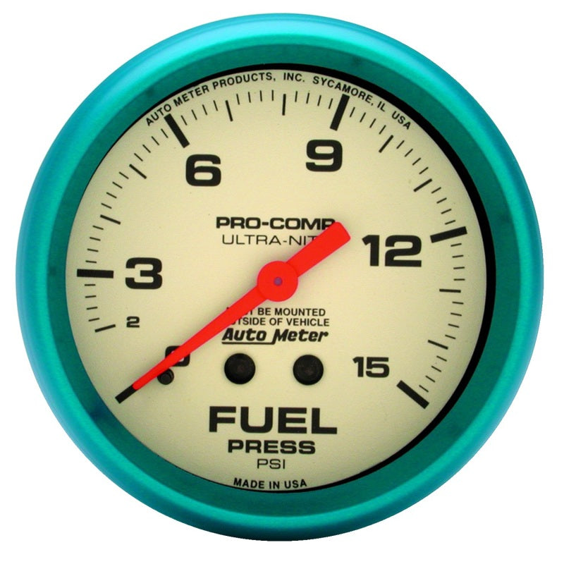 AutoMeter Gauge Fuel Press 2 5/8in. 15PSI Mech. Glow In The Dark Ultra Nite