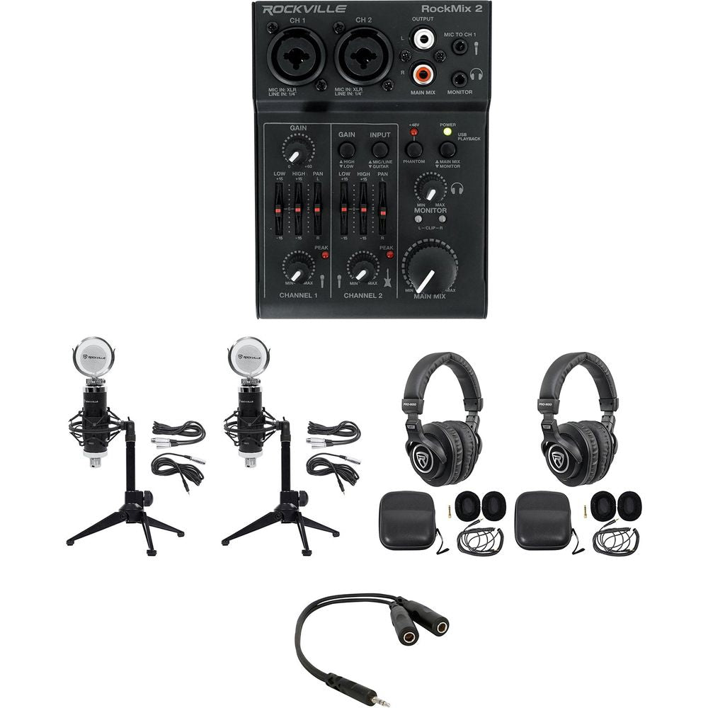 Rockville 2 Person Podcast Podcasting Recording Kit w/RCM Mics+Stands+Headphones