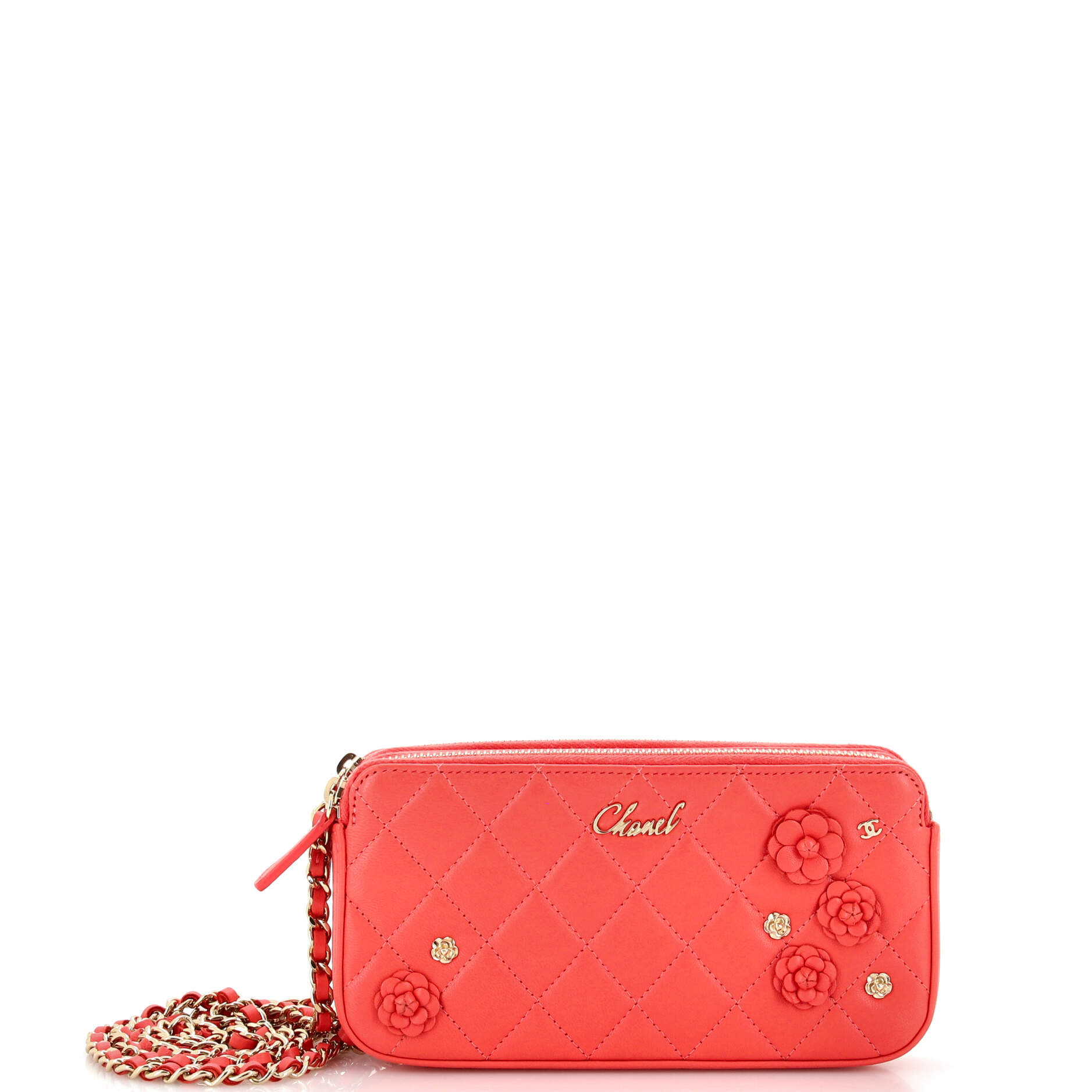 2860 Camellia Charms Double Zip Clutch with Chain Quilted Lambskin