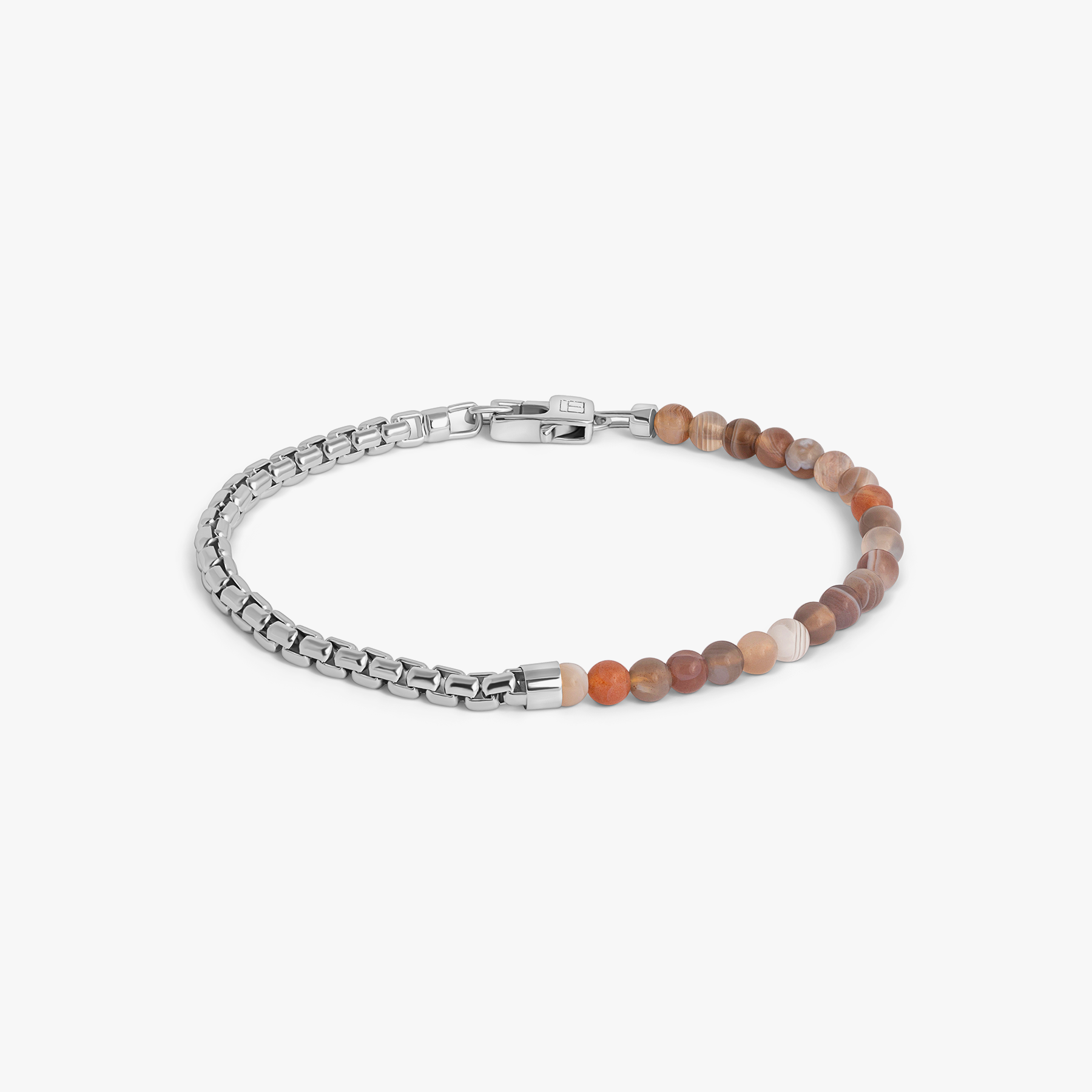 TATEOSSIAN Sennit Beaded Box Chain Bracelet in Rhodium Silver with Multicolour Botswana Agate