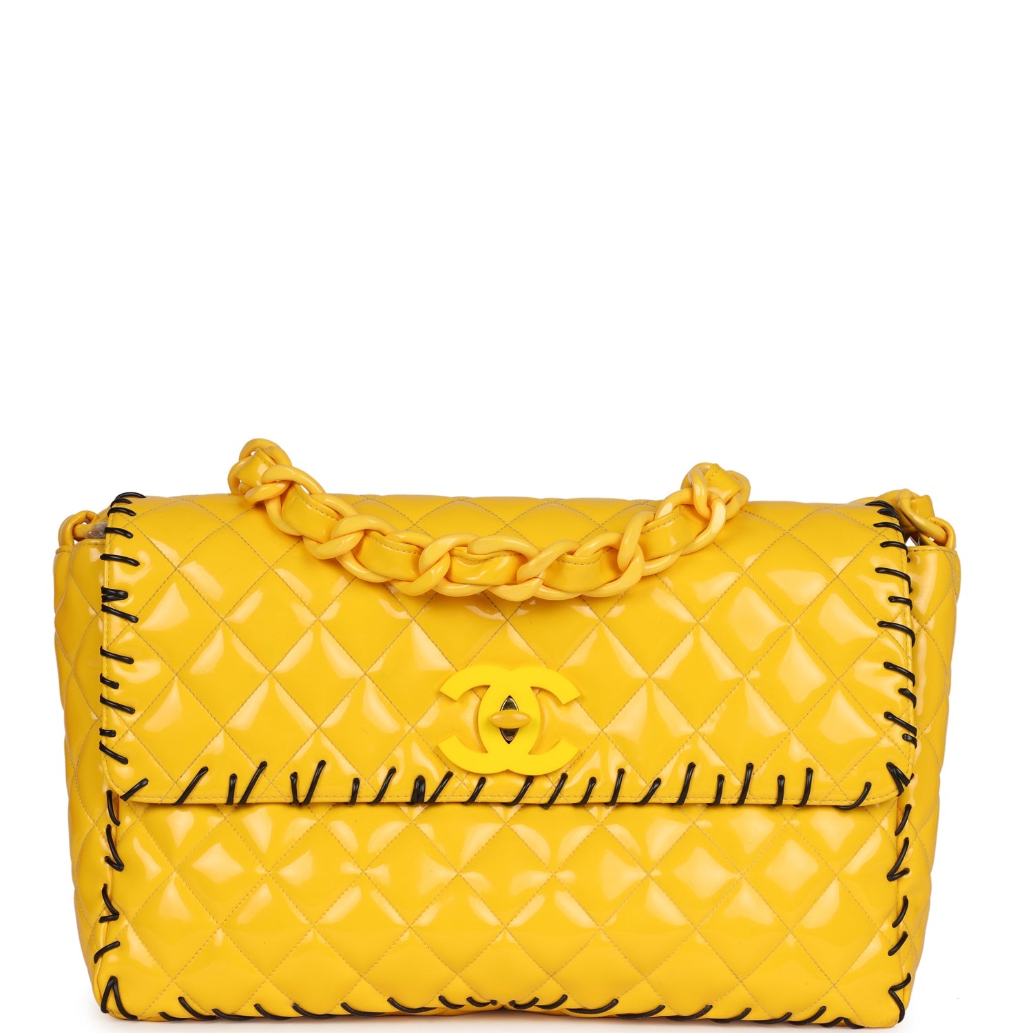 Vintage Chanel XL Jumbo Stitch Flap Bag Yellow Patent Leather Yellow Acrylic Hardware