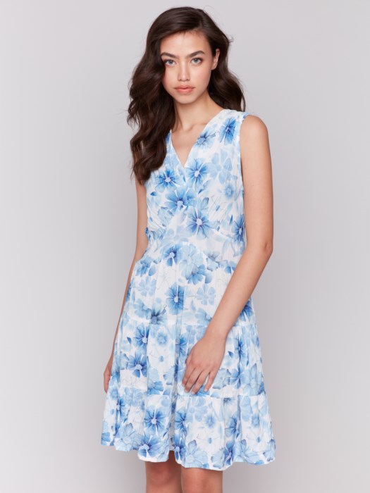 CHARLIE B Printed Sleeveless V Neck Tiered Dress