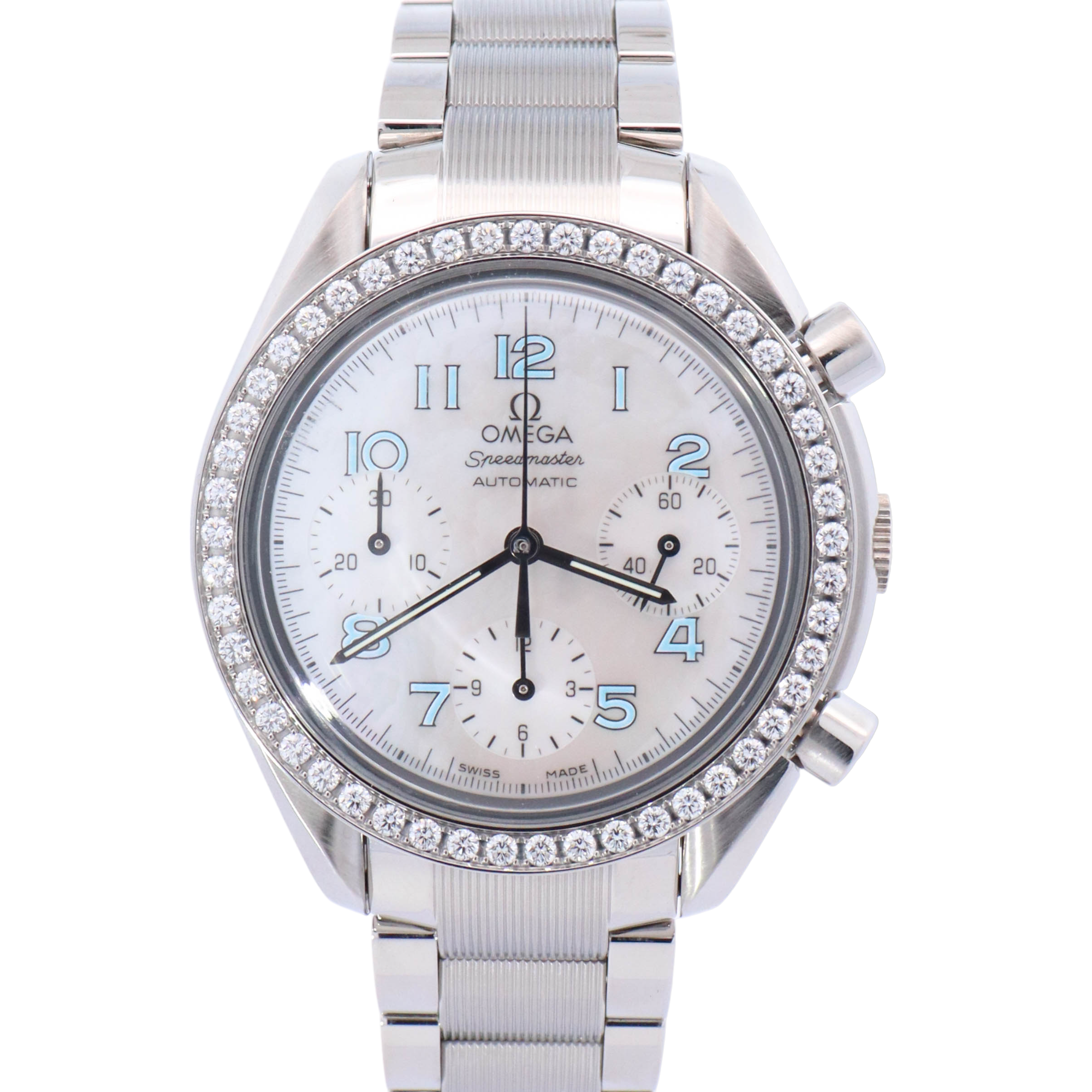 HAPPY JEWELERS Omega Speedmaster 35.5mm Stainless Steel White MOP Chronograph Dial Watch Reference# 3515.71