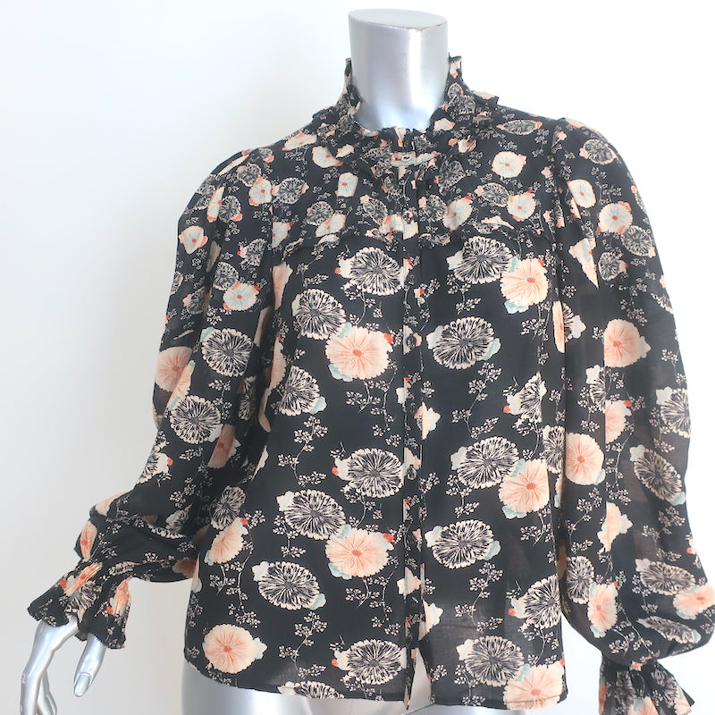TRACI MASSIN Ulla Johnson Dionne Long Sleeve Blouse Black Floral Print Cotton Blend Size 4