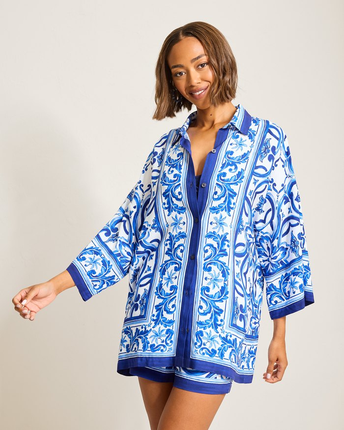 TOMMY BAHAMA WOMENS SWIMWEAR Tommy Bahama Terrazzo Tile Tunic Shirt Cover Up   Palace Blue