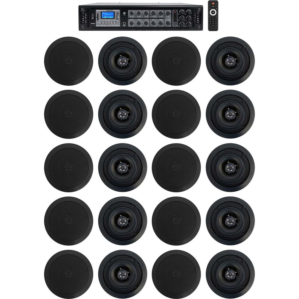 Rockville 6 Zone 70v Amplifier+(20) 5.25" Black 2Way Restaurant Ceiling Speakers