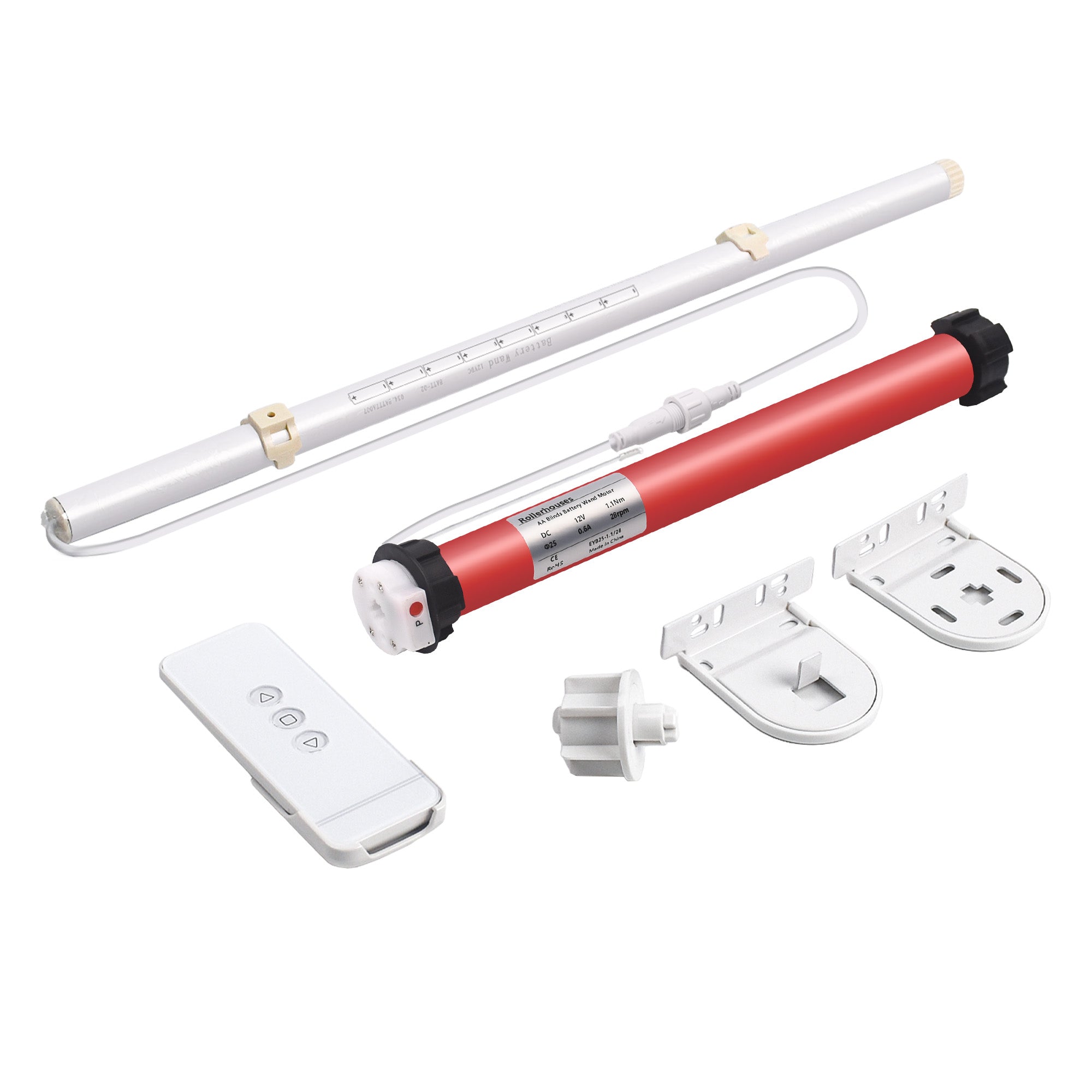 ROLLERHOUSES EYB25 12V DC Volt AA Reloadable Tube/Wand Battery Powered Roller Shade Motor with Remote Control for Motorized Shades   Power Blinds & Shades