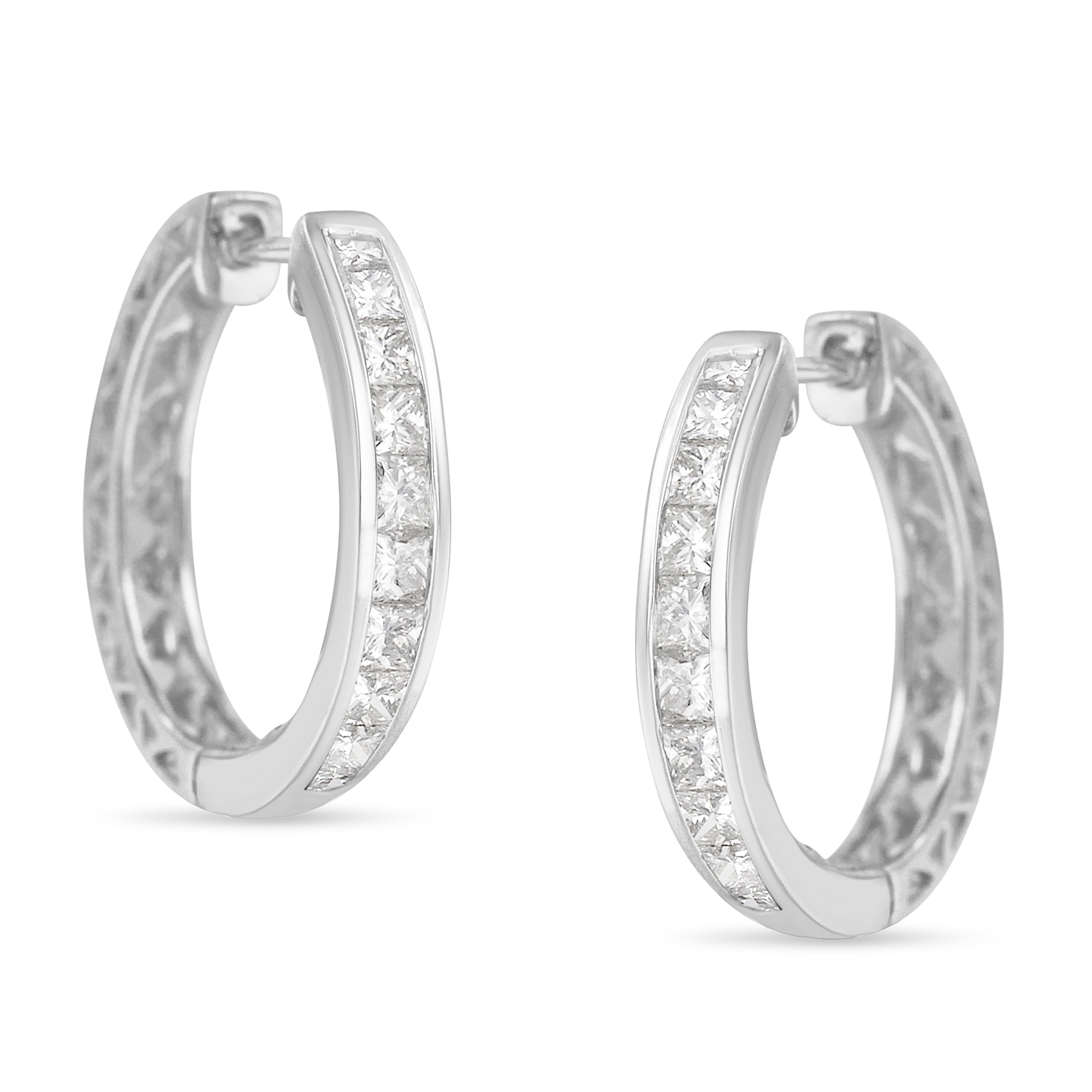 2870 10K White Gold 1.0 cttw Channel Set Princess Cut Diamond Hoop Huggy Earrings