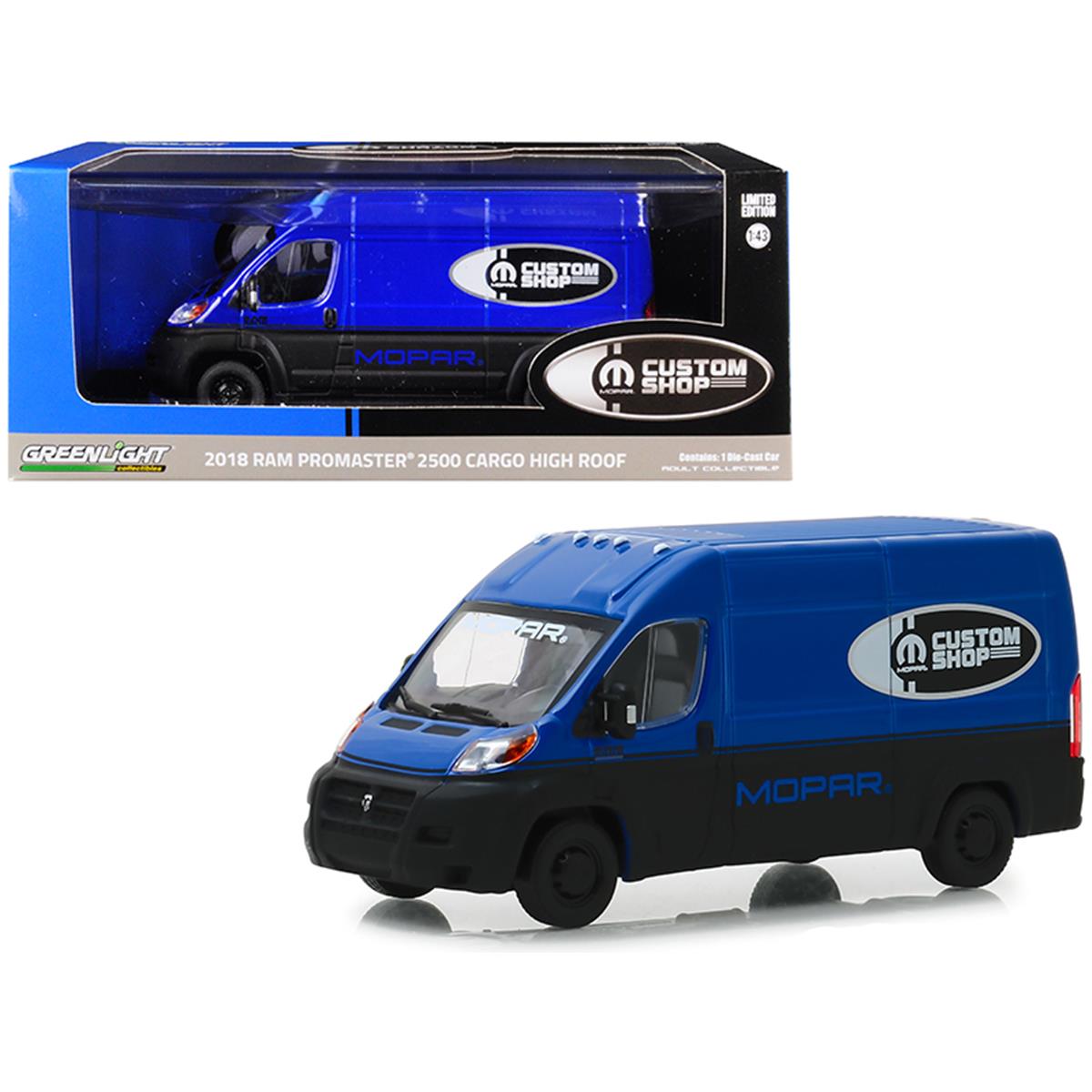 2297 Greenlight  2018 Dodge Ram ProMaster 2500 Cargo Van High Roof Blue & Black MOPAR Custom Shop 1 43 Diecast Model Car