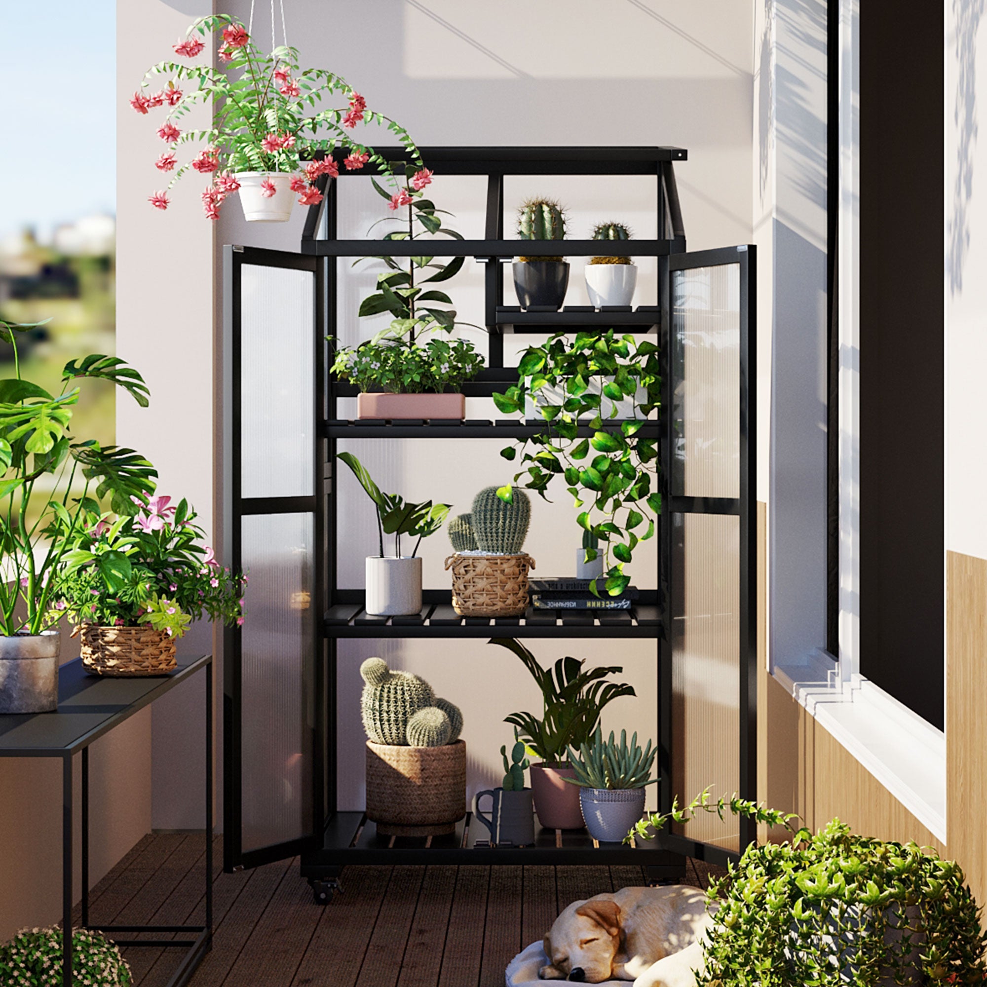 2594 Streamdale 62" Height Wood Largehouse Balcony Portable Cold Frame With Wheels