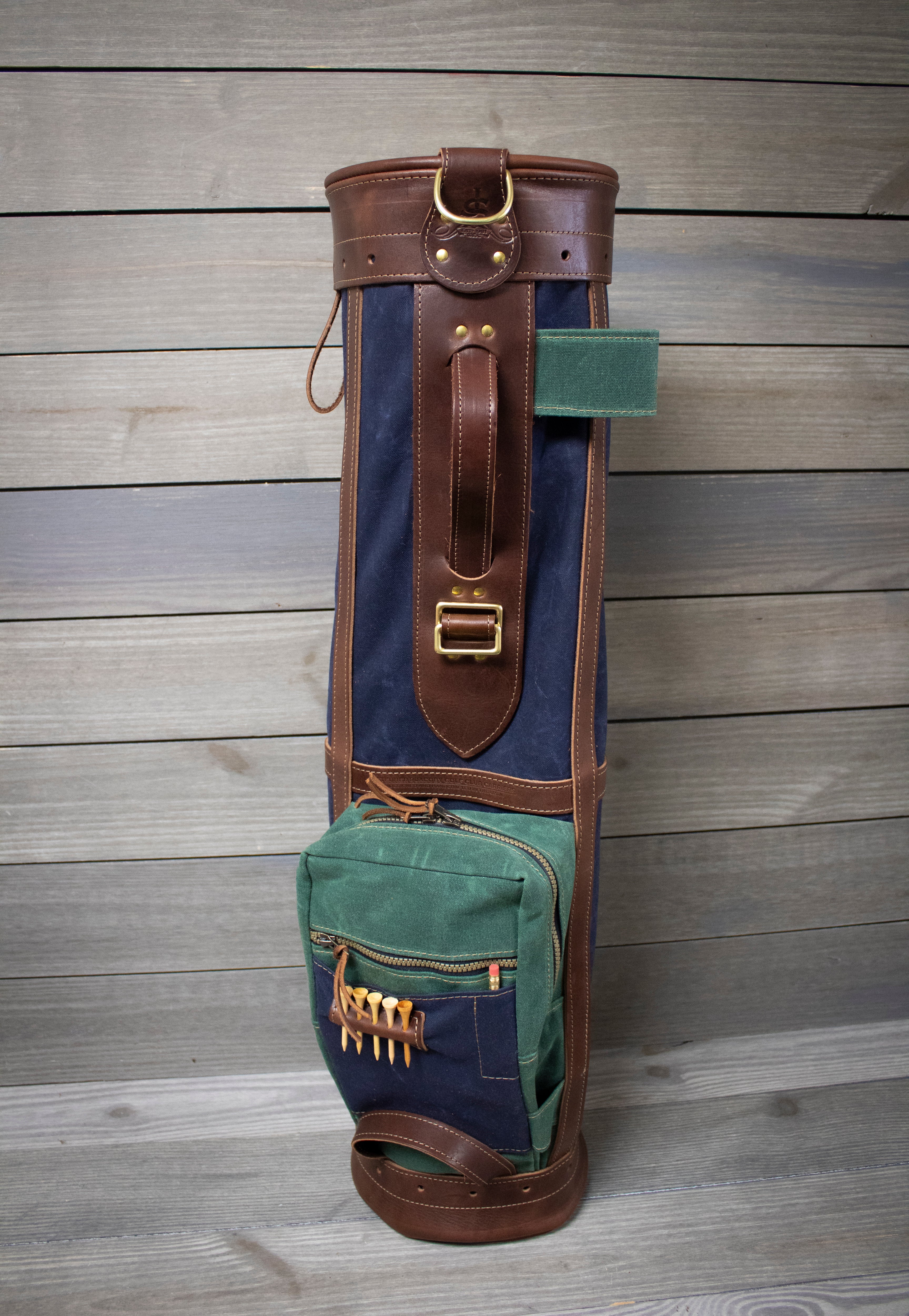 STEURER & JACOBY 8" Sunday Style Golf Bag  Navy with Spruce Green Accents and Chestnut Leather