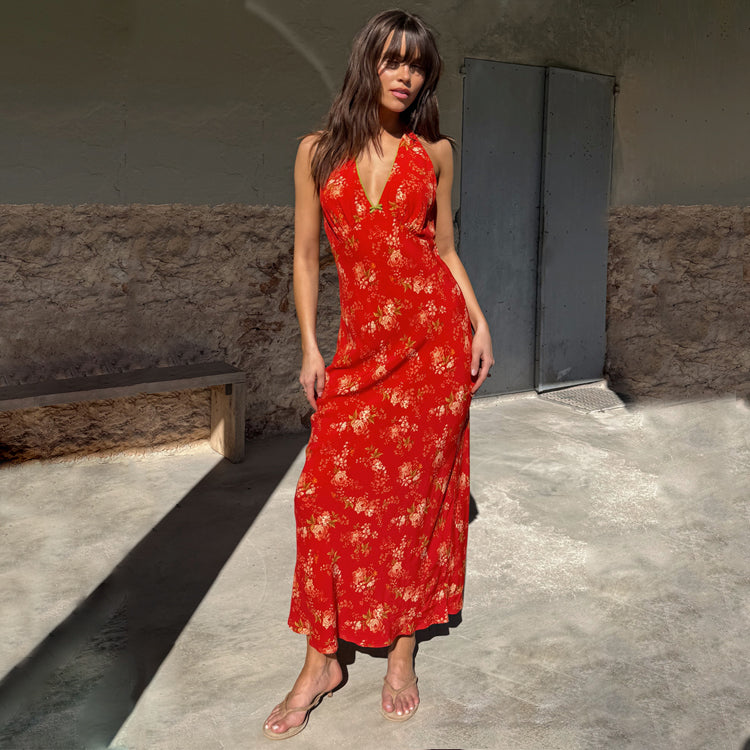 NEVER FULLY DRESSED Red Floral Halter Dress