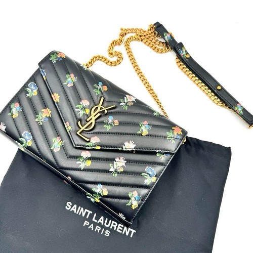 Saint Laurent YSL Floral Chain Wallet Black Leather Shoulder Bag with Dust Bag !