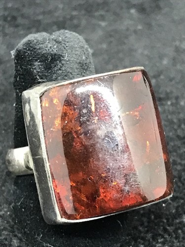 Vintage Sterling Silver 925 Stamped W S Real Amber Stone Designer Ring sz 7.25