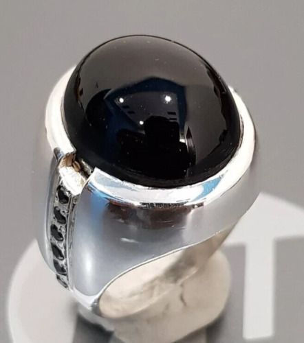 Mens Yemeni Aqeeq ring Pure shifat al abad Kabadi black Agate rings 925 silver