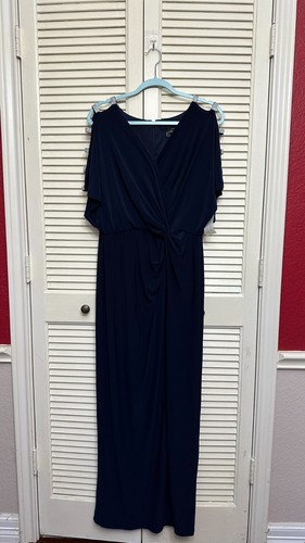 Alex Evenings Women's Long Knot Dress with Embellished Short Sleeve  Sz 12  Navy