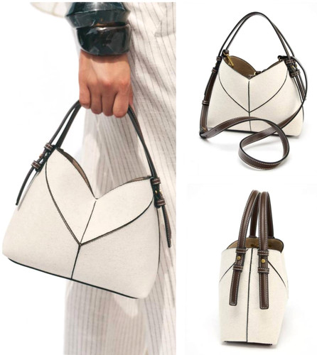 Zara Contrast Canvas Mini Shopper Ecru 6520 610 719 Detachable Crossbody Strap