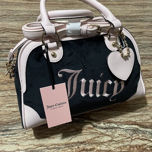 Juicy Couture Bag Black Velour Pink Blush Satchel Crossbody Bowler Handbag