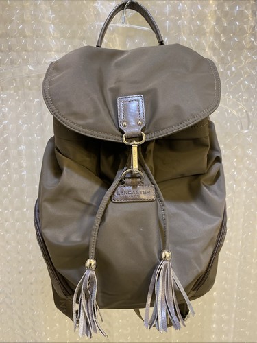 LANCASTER PARIS Taupe Nylon Leather Tassel Traveler Backpack Purse