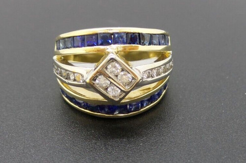 STUNNING 14K YG LADIES DIAMOND & BLUE SAPPHIRE CLUSTER RING SZ 7 AI 1476 12.18g