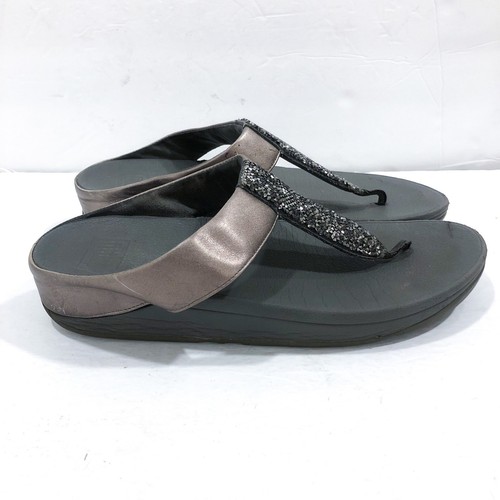 Fitflop Sparkle Crystal Pewter Leather Wedge Sandals Size 9