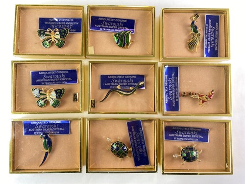 9 FRANCESCA ITALIANA Vintage Swarovski Crystal Brooches in Boxes NOS