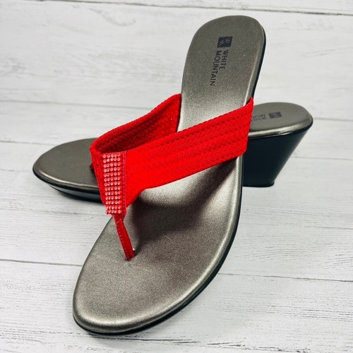 RAYE White Mountain 8.5 Wedge Sandals Slip On Rhinestones Ray Red Toe Shoe