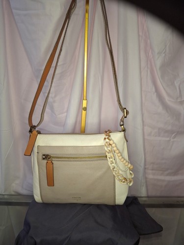 OFF WHITE Fossil Medium Leather Crossbody Handbag Off White And Tan.